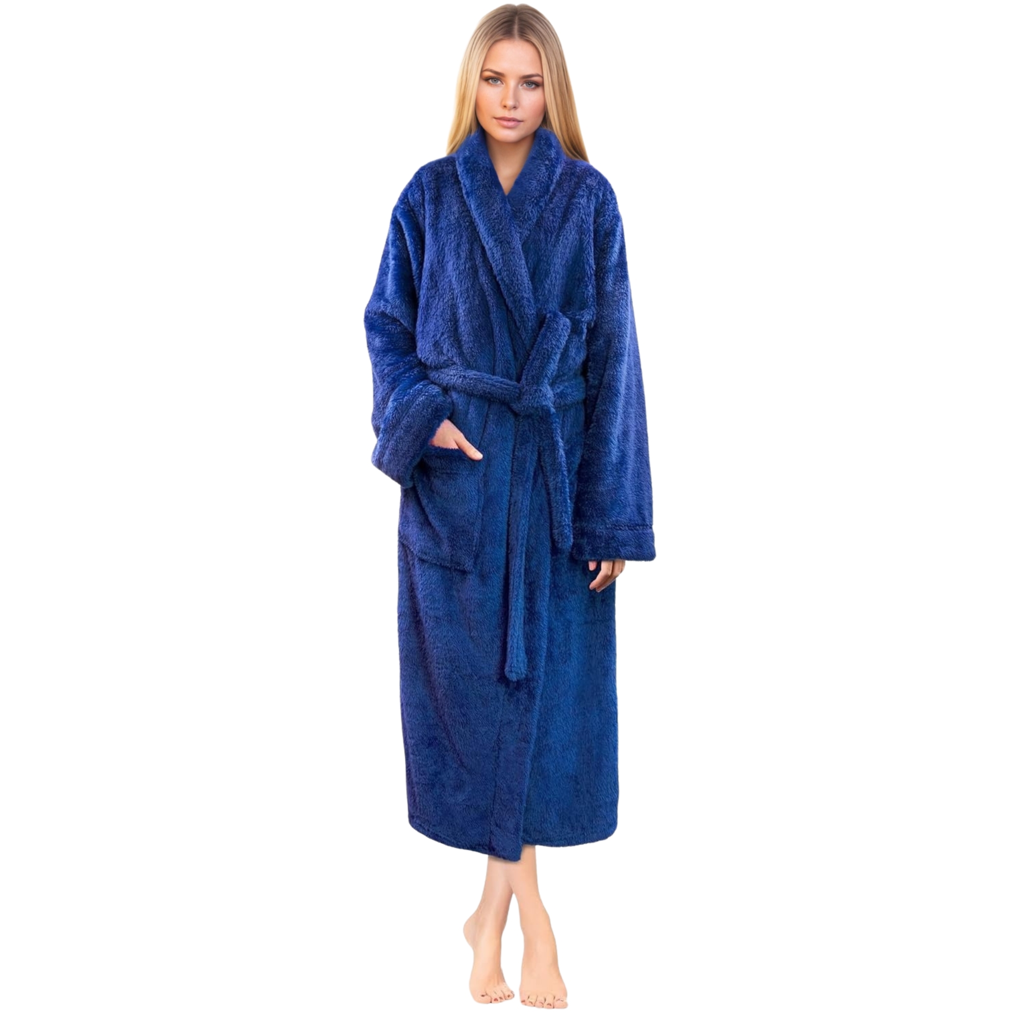 Plush Fleece Sherpa Style Long Bath Robe With Side Pockets For Women