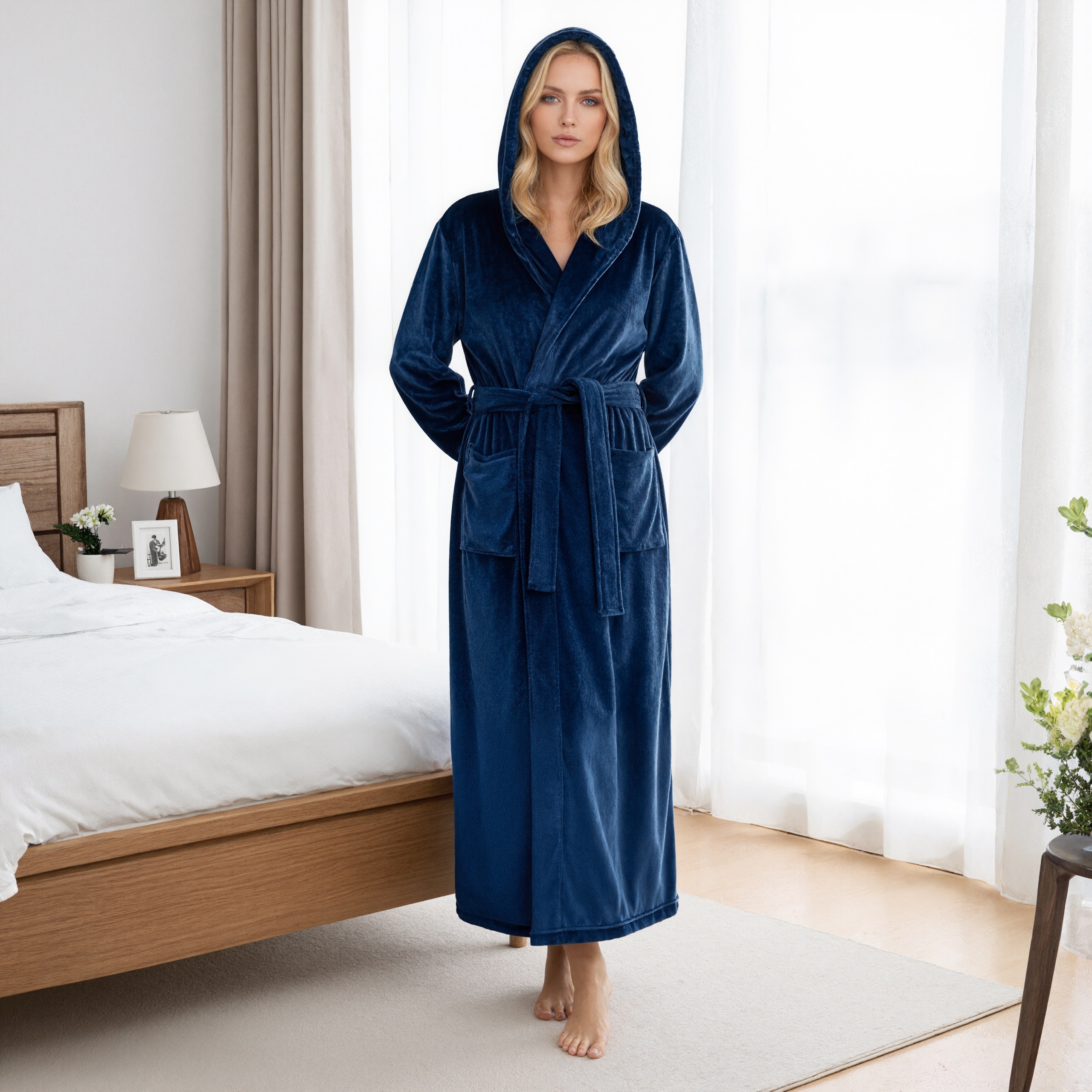Hooded Plush Fleece Long Bath Robe With Belt And Pockets For Women