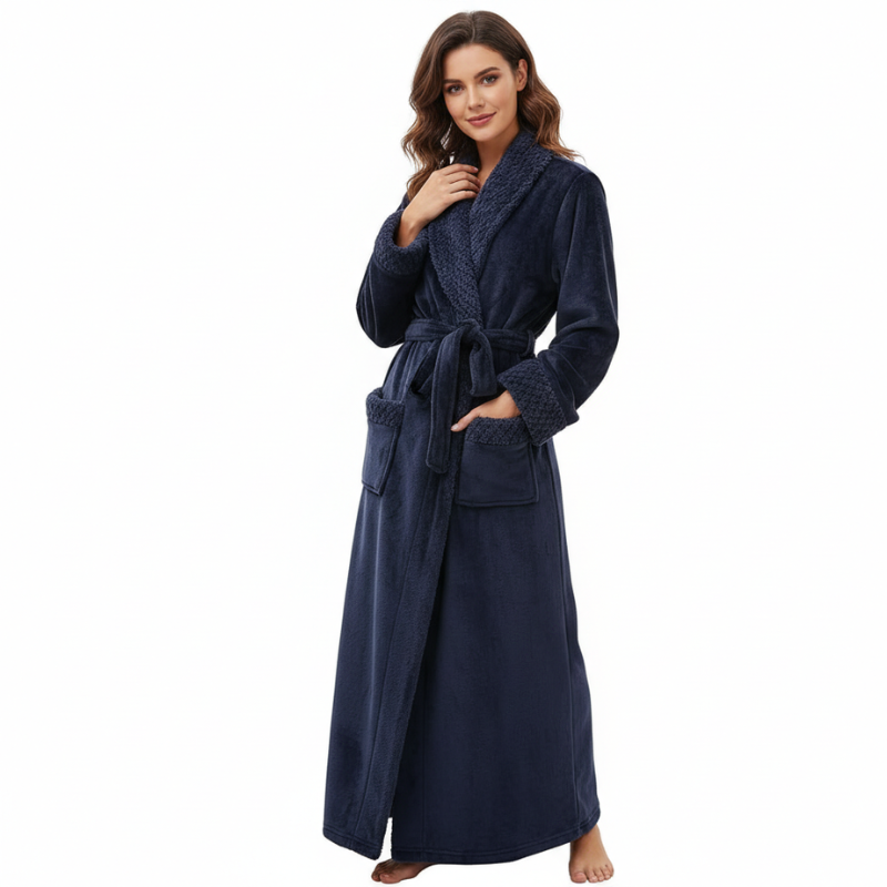 Long Fleece Shawl Collar Design Bathrobe For Women