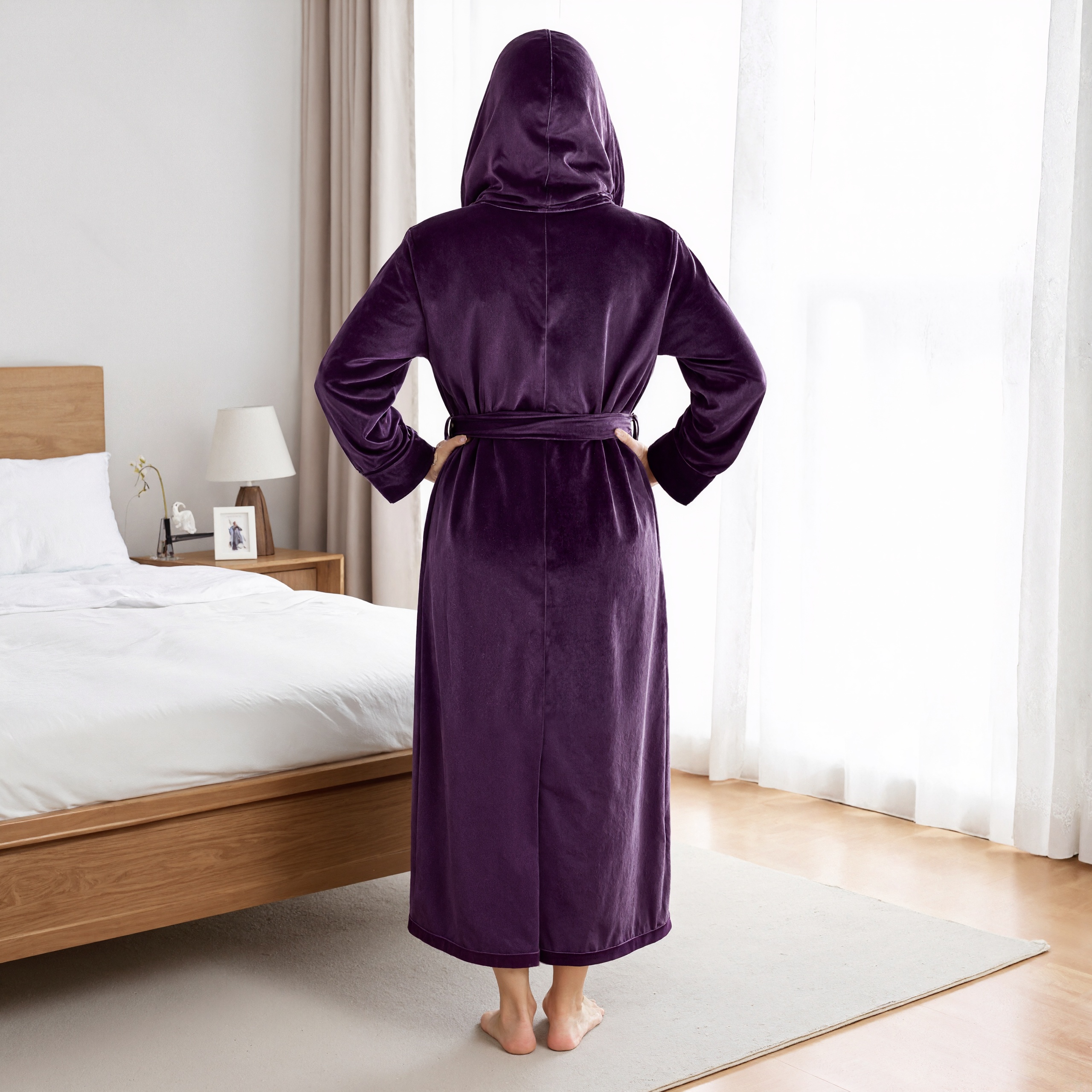 Hooded Plush Fleece Long Bath Robe With Belt And Pockets For Women