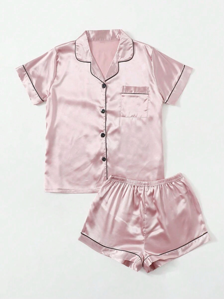 Contrast Binding Satin Pajama Set-Original Pajamas