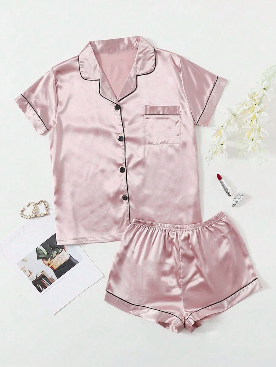 Contrast Binding Satin Pajama Set-Original Pajamas