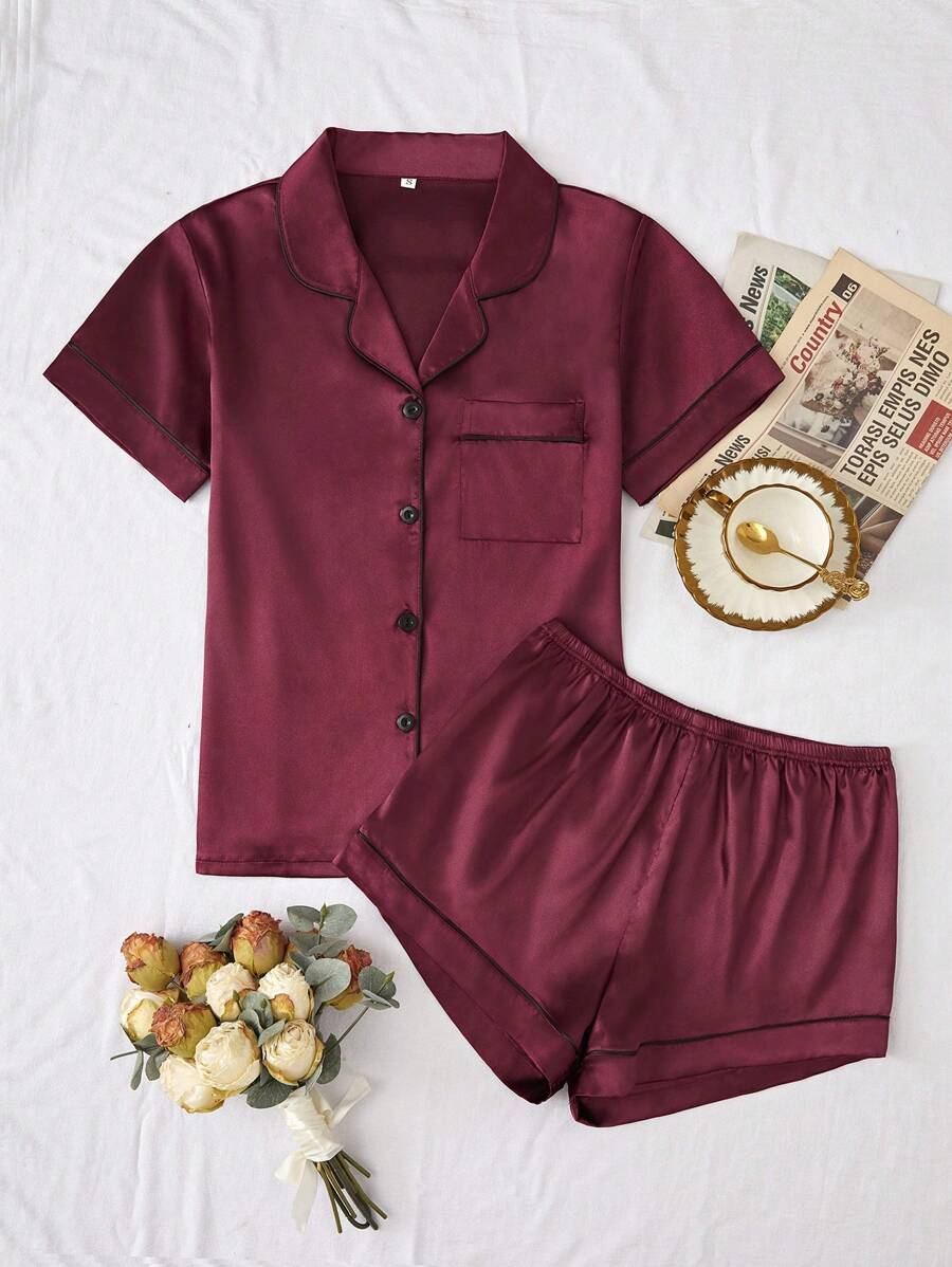 Contrast Binding Satin Pajama Set-Original Pajamas