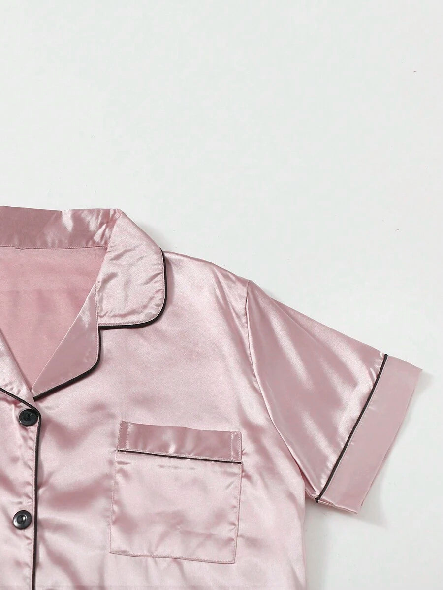 Contrast Binding Satin Pajama Set-Original Pajamas