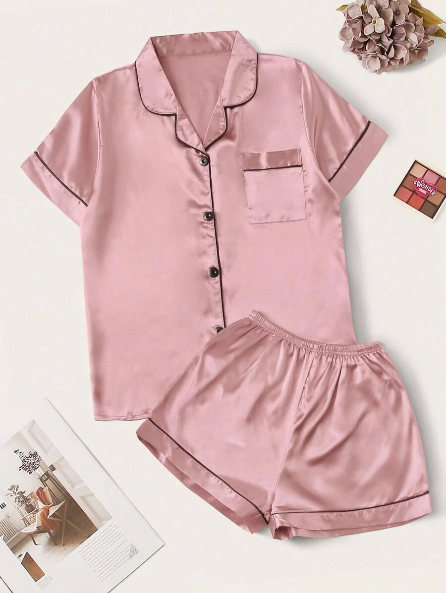 Contrast Binding Satin Pajama Set-Original Pajamas
