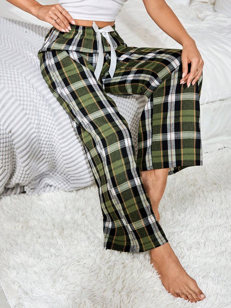 Plaid Print Bow Front Pajama Pants-Original Pajamas