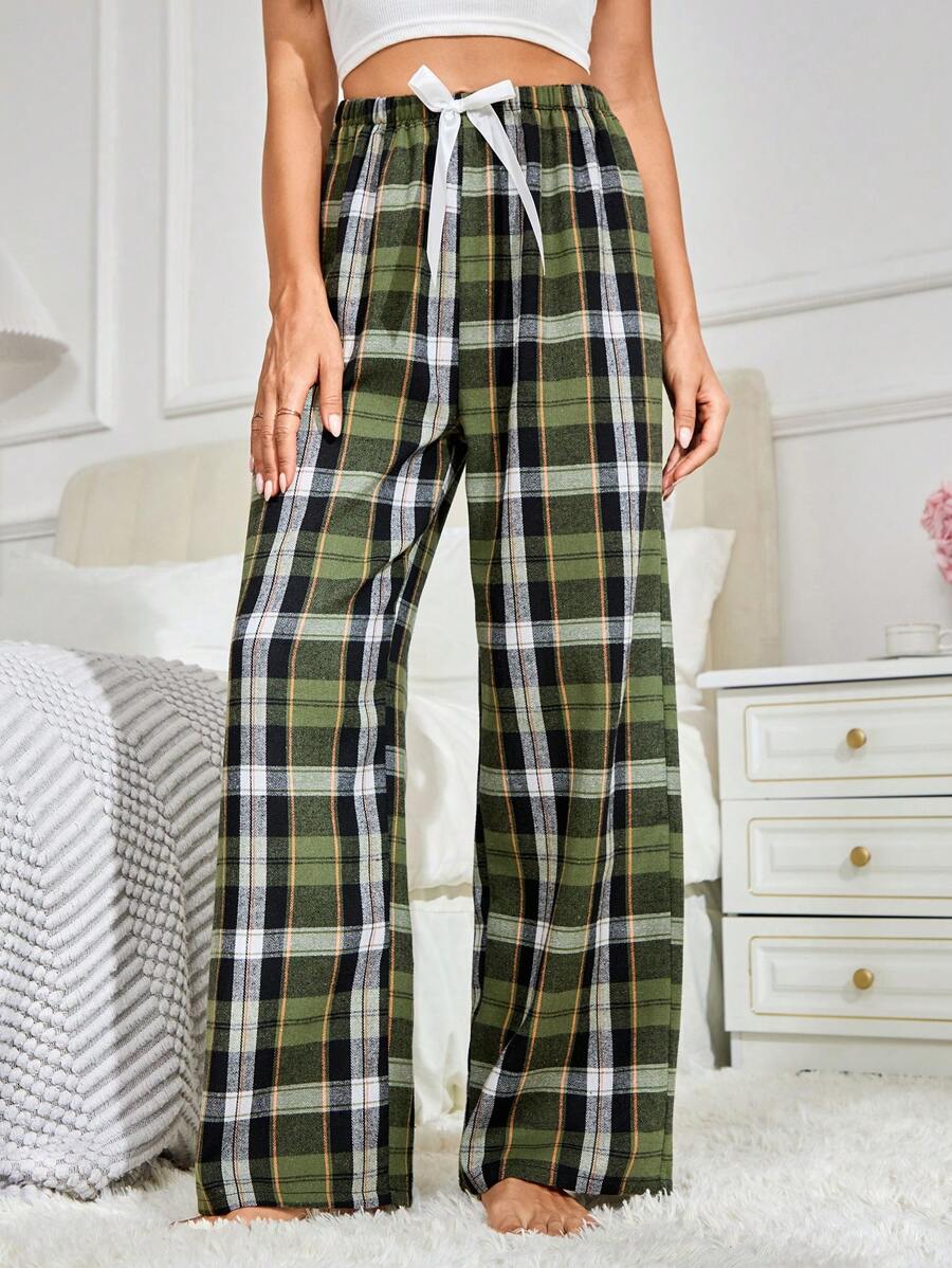Plaid Print Bow Front Pajama Pants-Original Pajamas