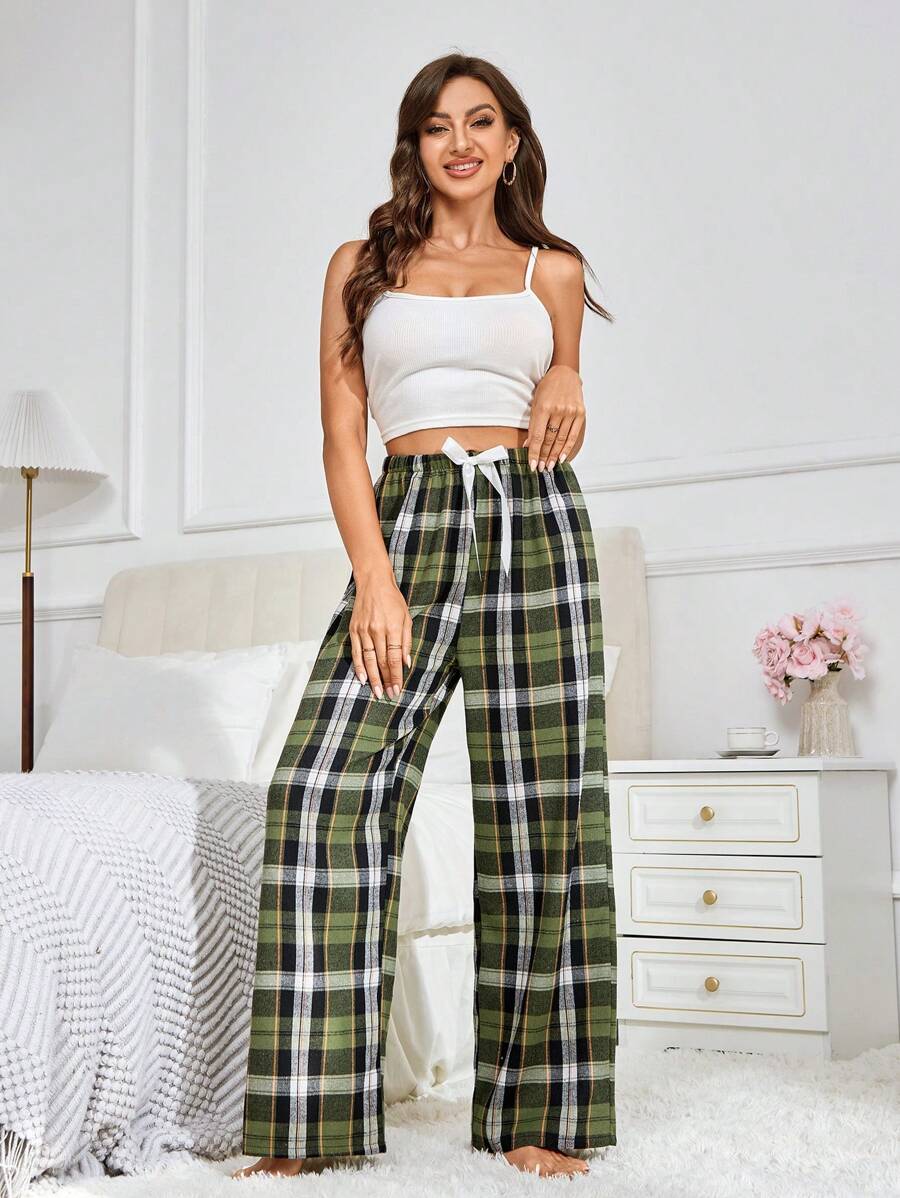Plaid Print Bow Front Pajama Pants-Original Pajamas