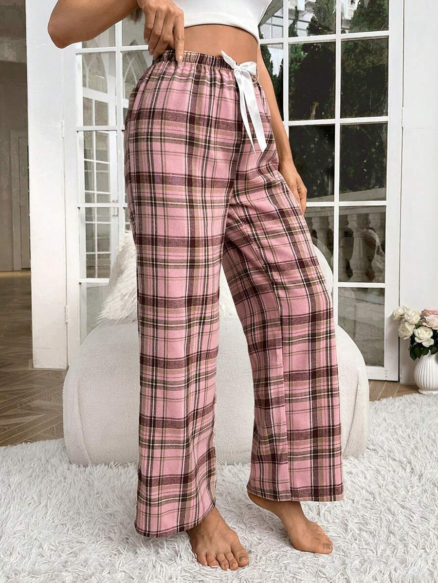 Plaid Print Bow Front Pajama Pants-Original Pajamas
