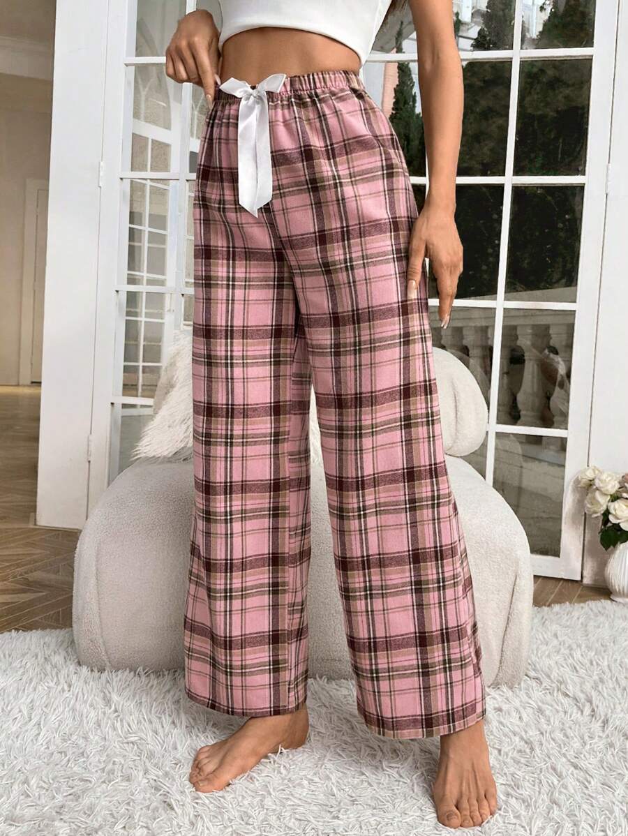 Plaid Print Bow Front Pajama Pants-Original Pajamas