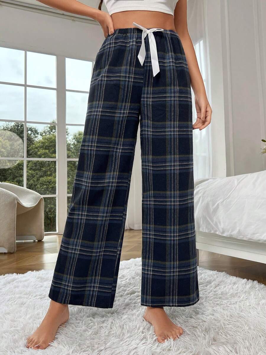 Plaid Print Bow Front Pajama Pants-Original Pajamas