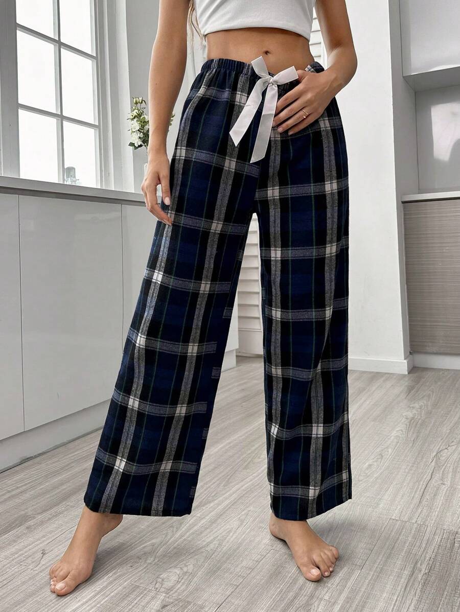 Plaid Print Bow Front Pajama Pants-Original Pajamas