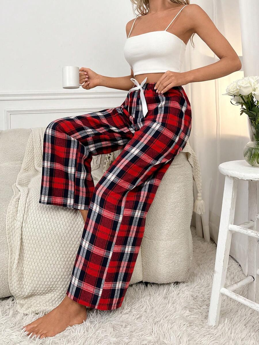 Plaid Print Bow Front Pajama Pants-Original Pajamas