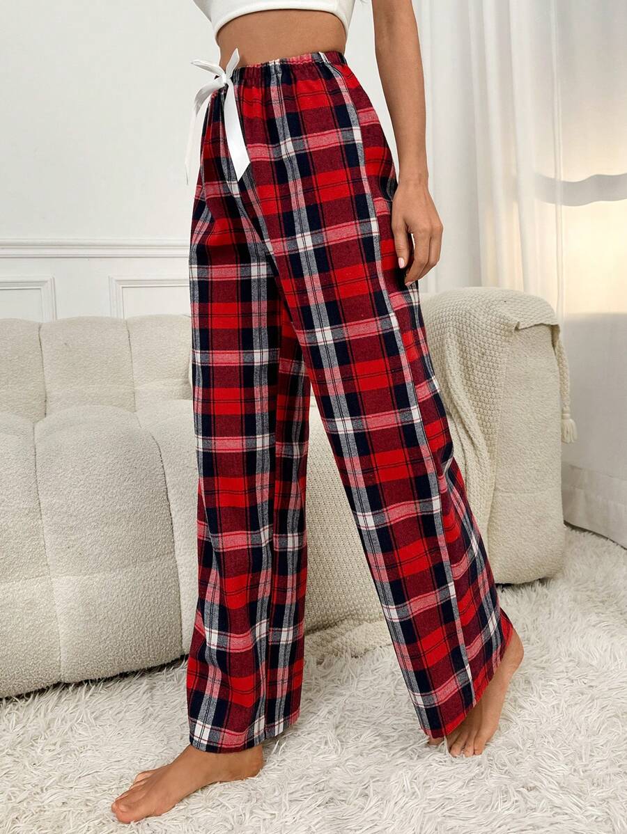 Plaid Print Bow Front Pajama Pants-Original Pajamas