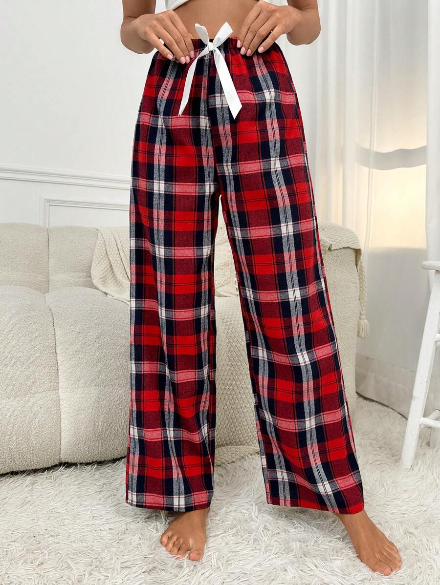 Plaid Print Bow Front Pajama Pants-Original Pajamas