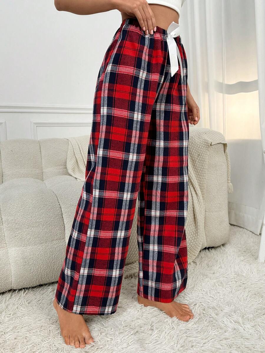 Plaid Print Bow Front Pajama Pants-Original Pajamas