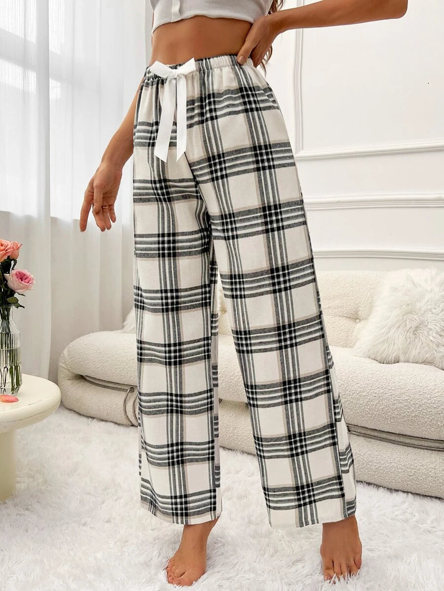 Plaid Print Bow Front Pajama Pants-Original Pajamas