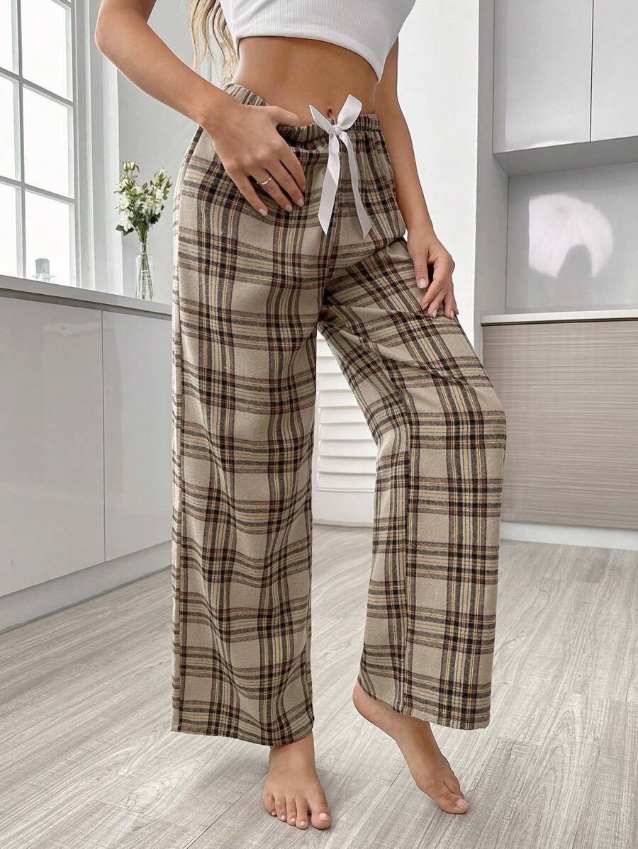 Plaid Print Bow Front Pajama Pants-Original Pajamas