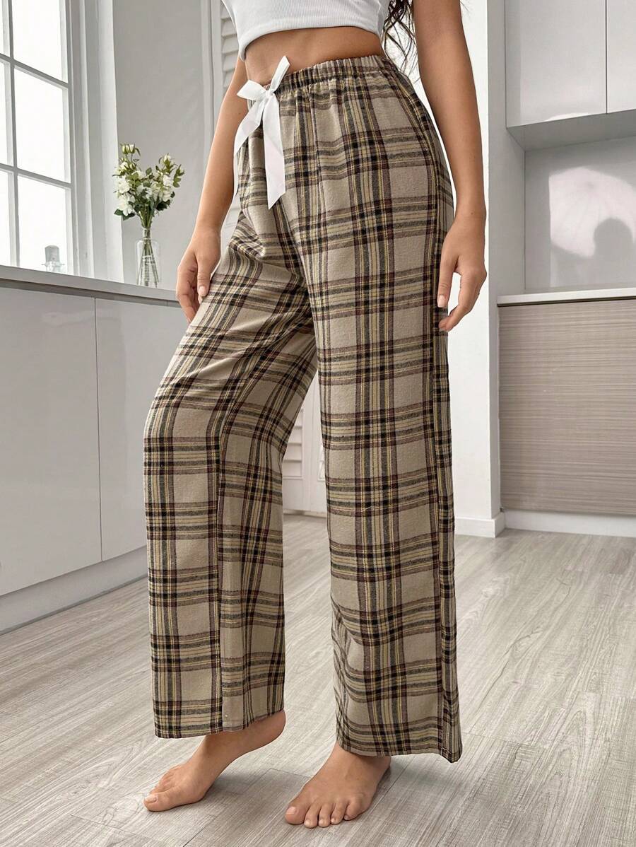 Plaid Print Bow Front Pajama Pants-Original Pajamas
