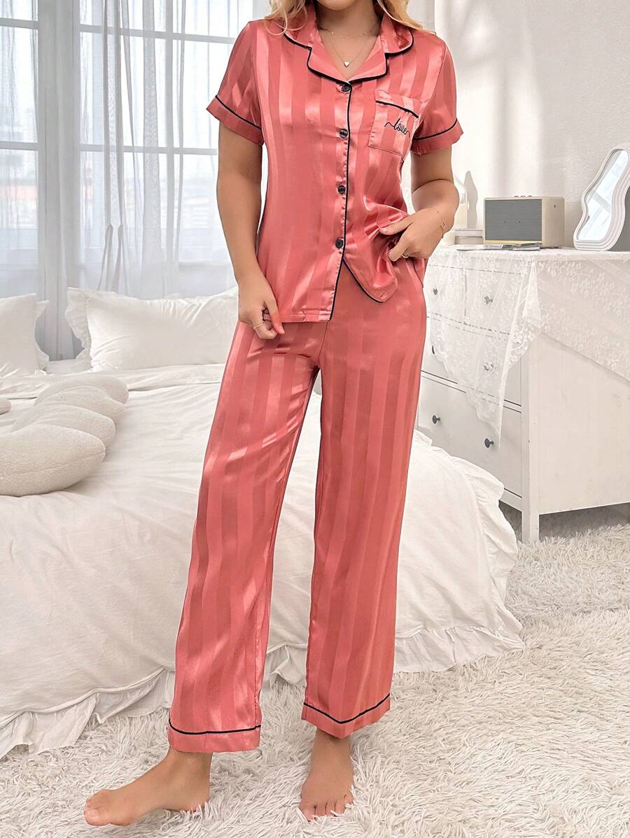 Simulated Silk Stripe And Jacquard Pajama Set-Original Pajamas