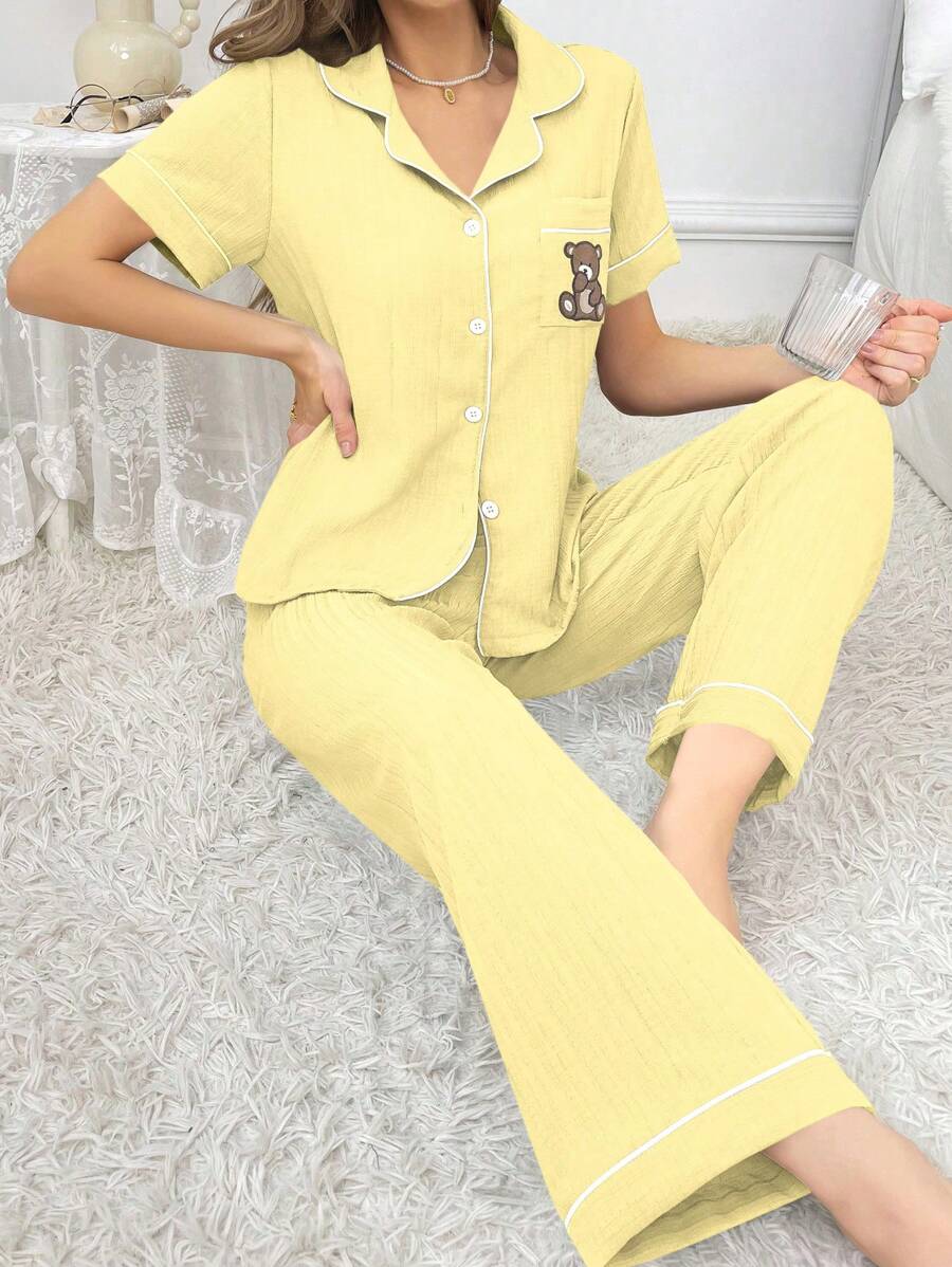 Pocket Teddy Bear Embroidery Pajama Set-Original Pajamas