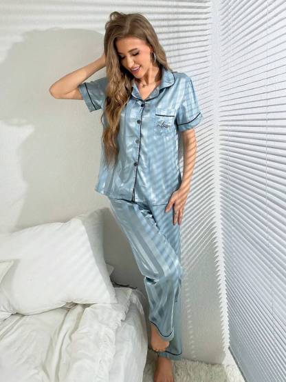 Simulated Silk Stripe And Jacquard Pajama Set-Original Pajamas