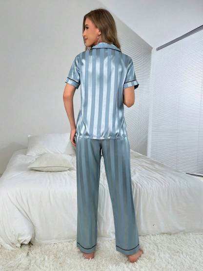 Simulated Silk Stripe And Jacquard Pajama Set-Original Pajamas