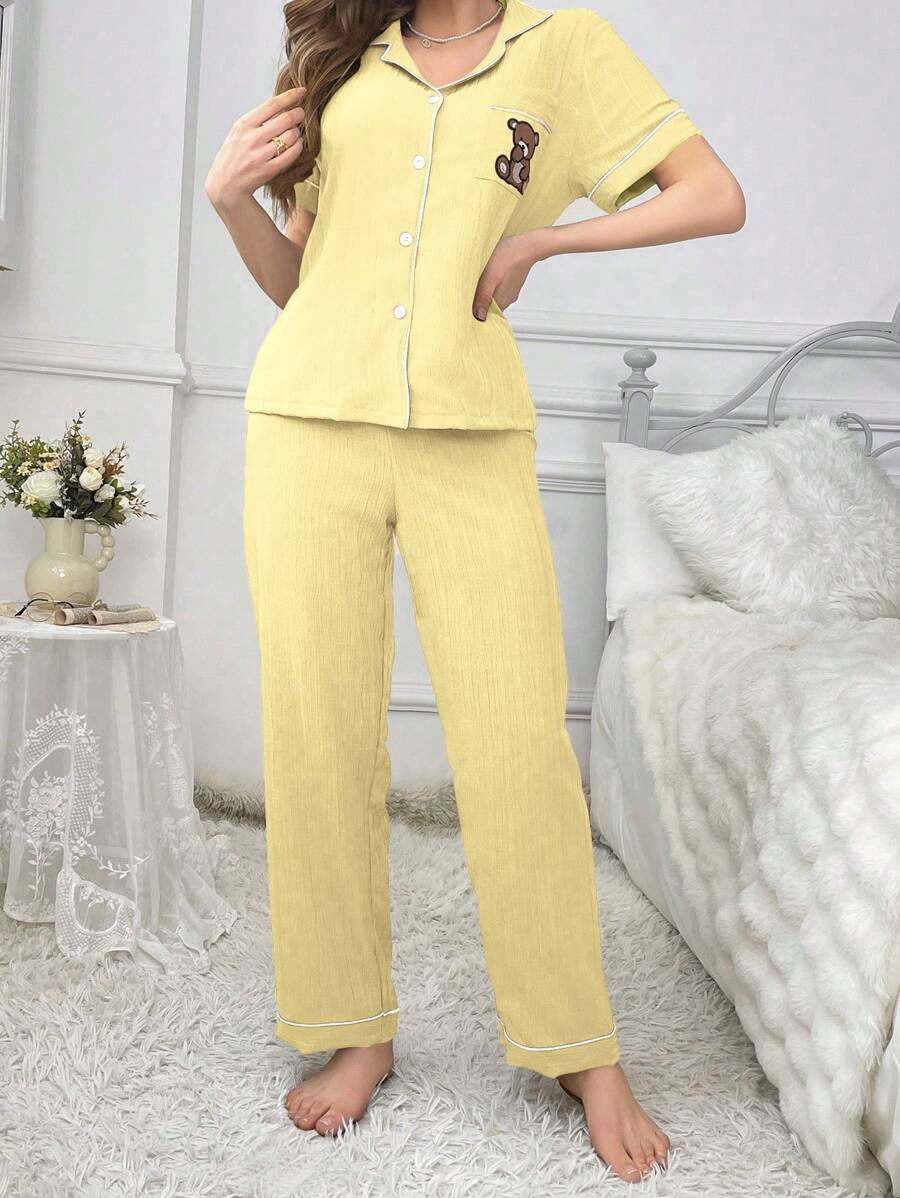 Pocket Teddy Bear Embroidery Pajama Set-Original Pajamas