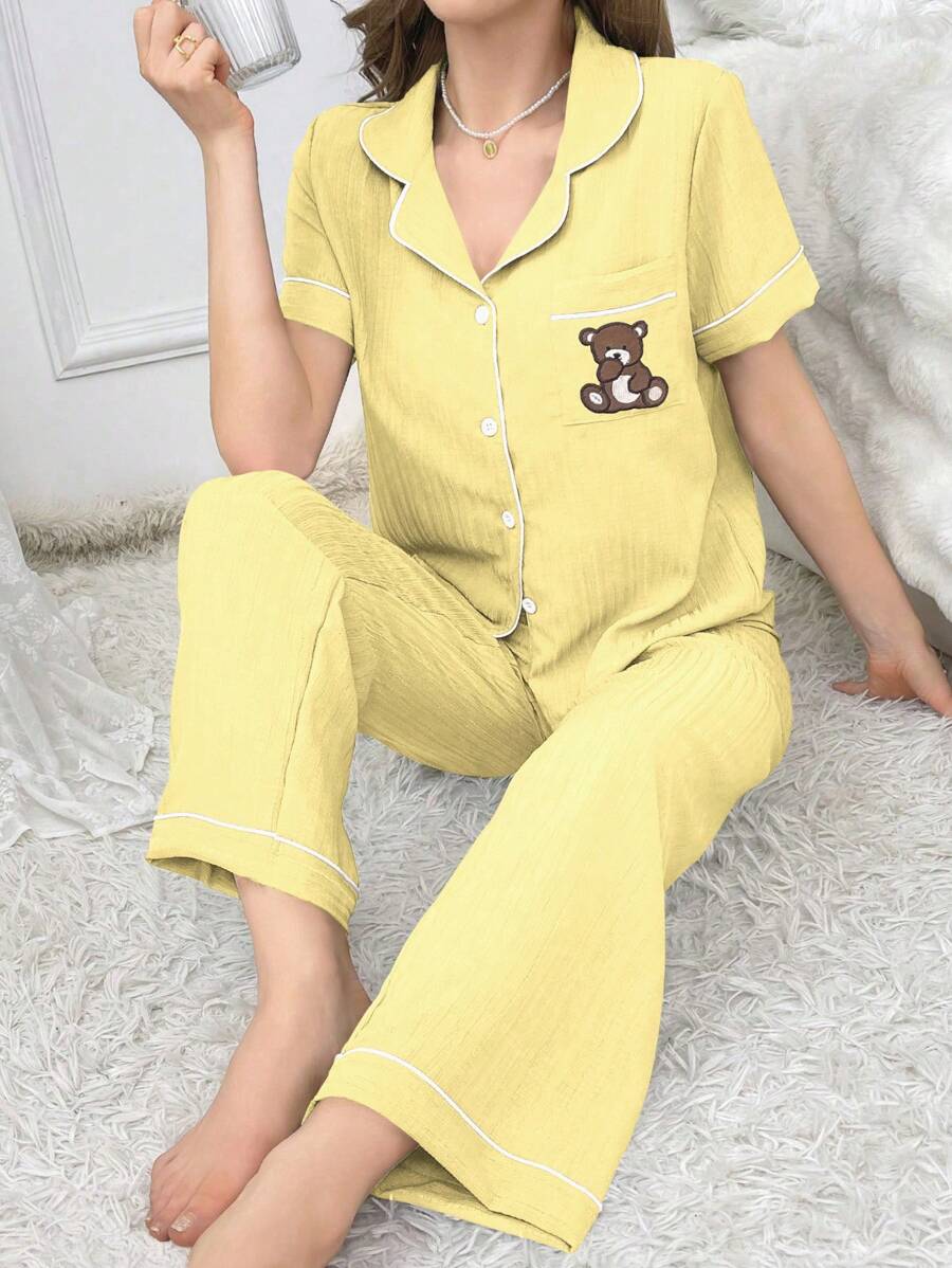 Pocket Teddy Bear Embroidery Pajama Set-Original Pajamas