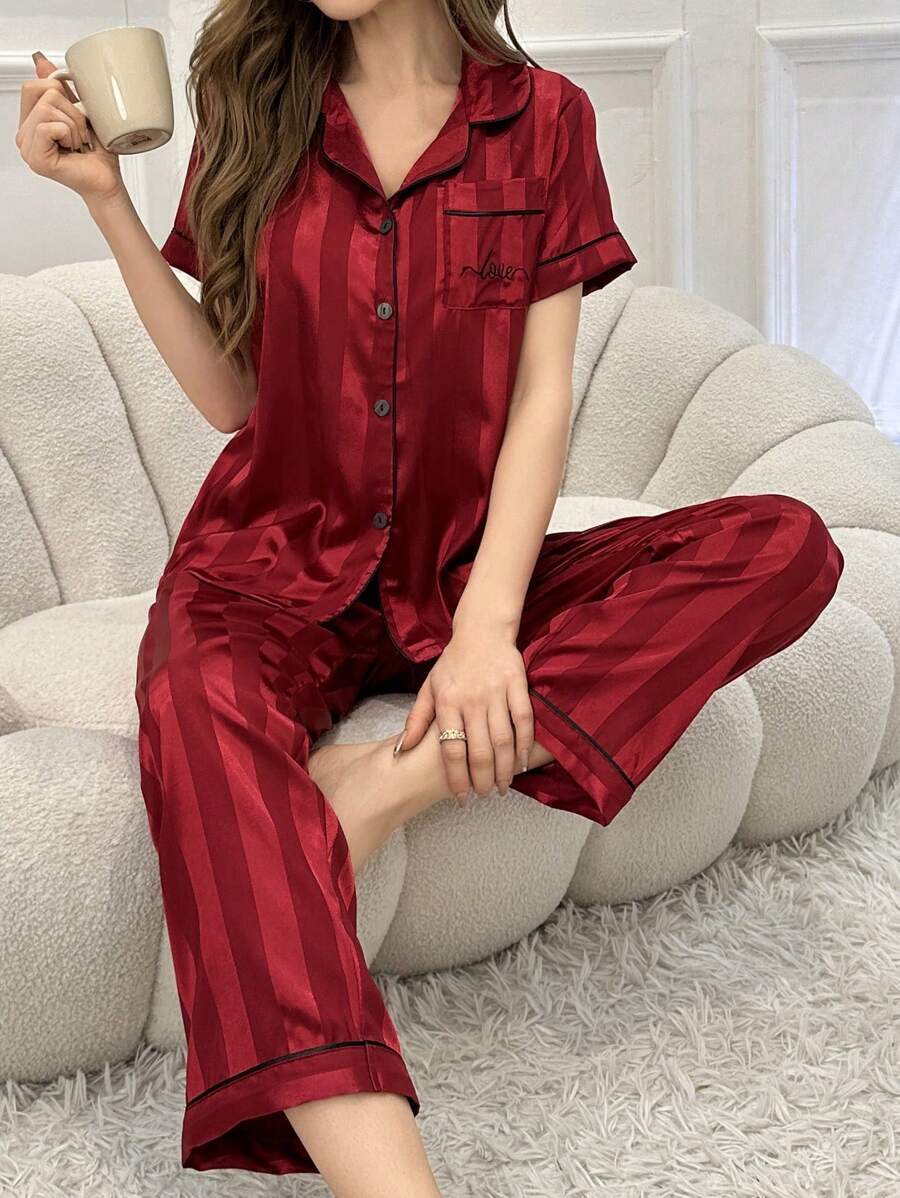 Simulated Silk Stripe And Jacquard Pajama Set-Original Pajamas
