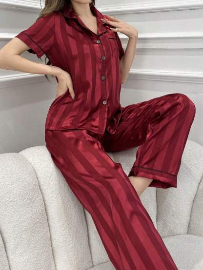 Simulated Silk Stripe And Jacquard Pajama Set-Original Pajamas