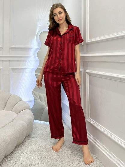 Simulated Silk Stripe And Jacquard Pajama Set-Original Pajamas