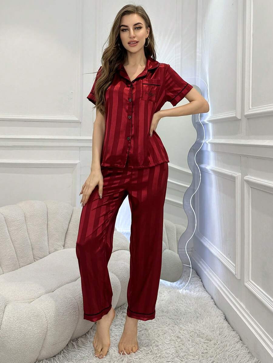 Simulated Silk Stripe And Jacquard Pajama Set-Original Pajamas
