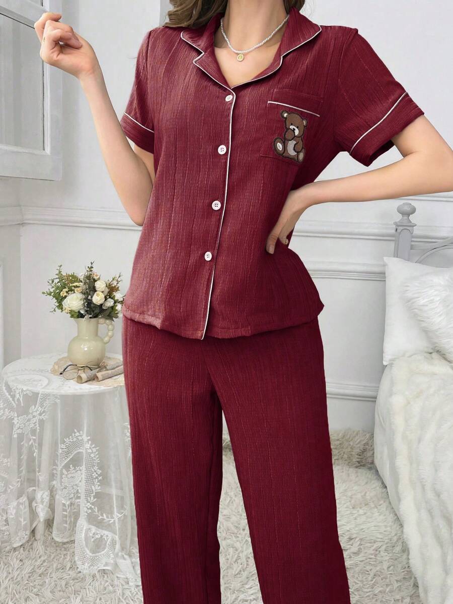 Pocket Teddy Bear Embroidery Pajama Set-Original Pajamas