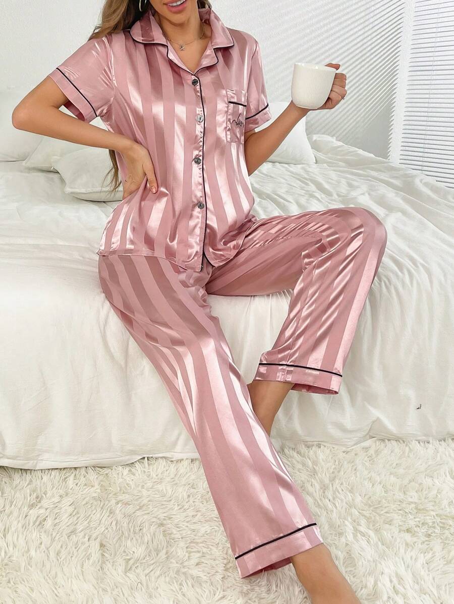 Simulated Silk Stripe And Jacquard Pajama Set-Original Pajamas