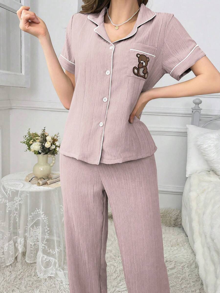 Pocket Teddy Bear Embroidery Pajama Set-Original Pajamas