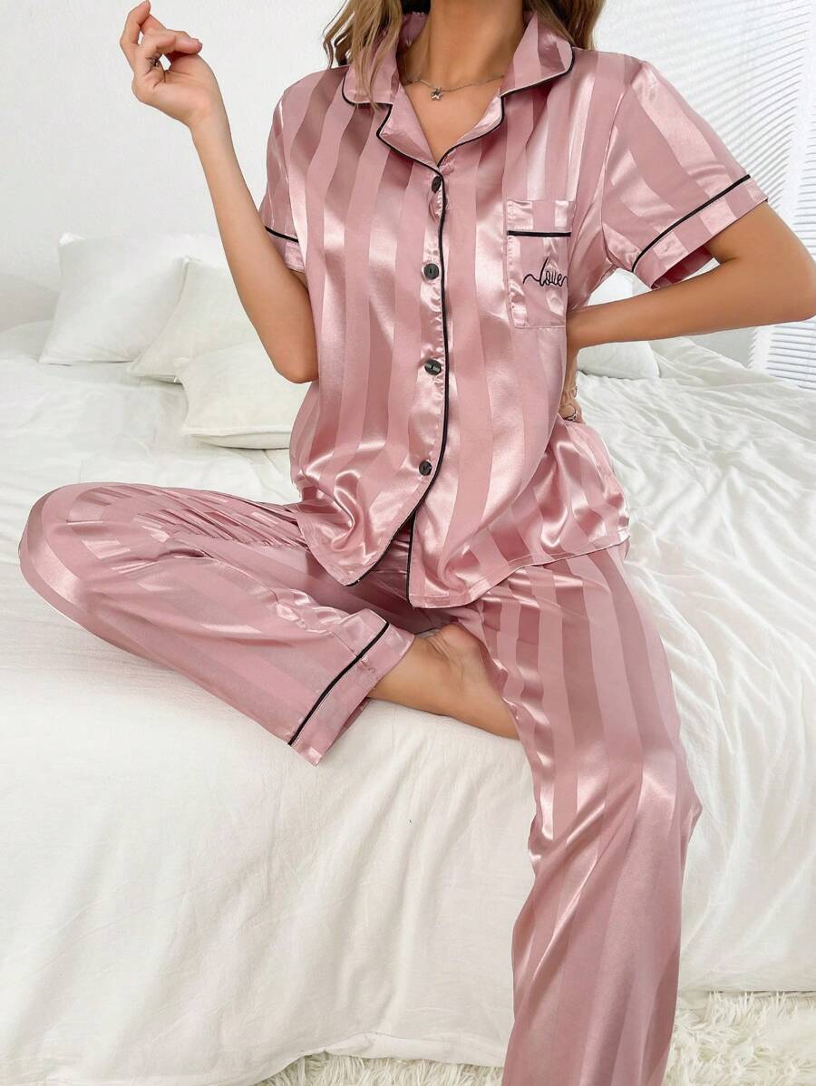 Simulated Silk Stripe And Jacquard Pajama Set-Original Pajamas