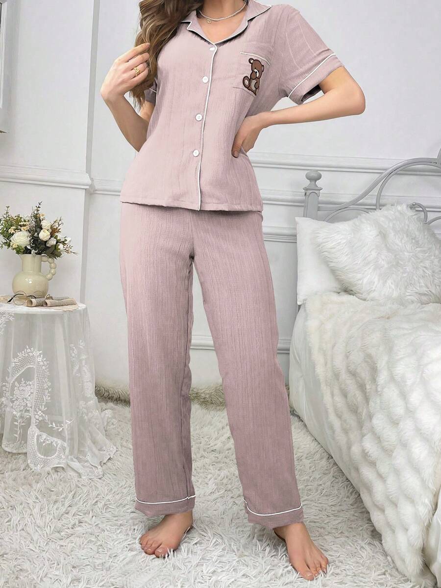 Pocket Teddy Bear Embroidery Pajama Set-Original Pajamas