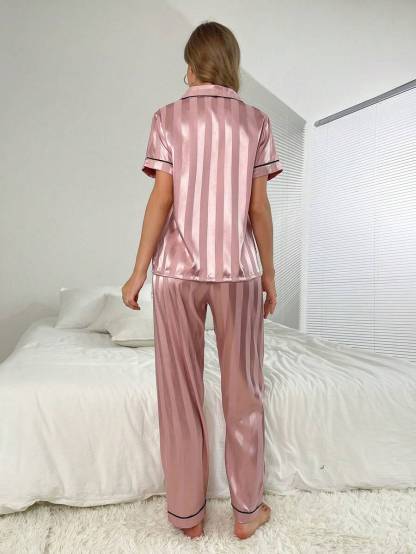 Simulated Silk Stripe And Jacquard Pajama Set-Original Pajamas
