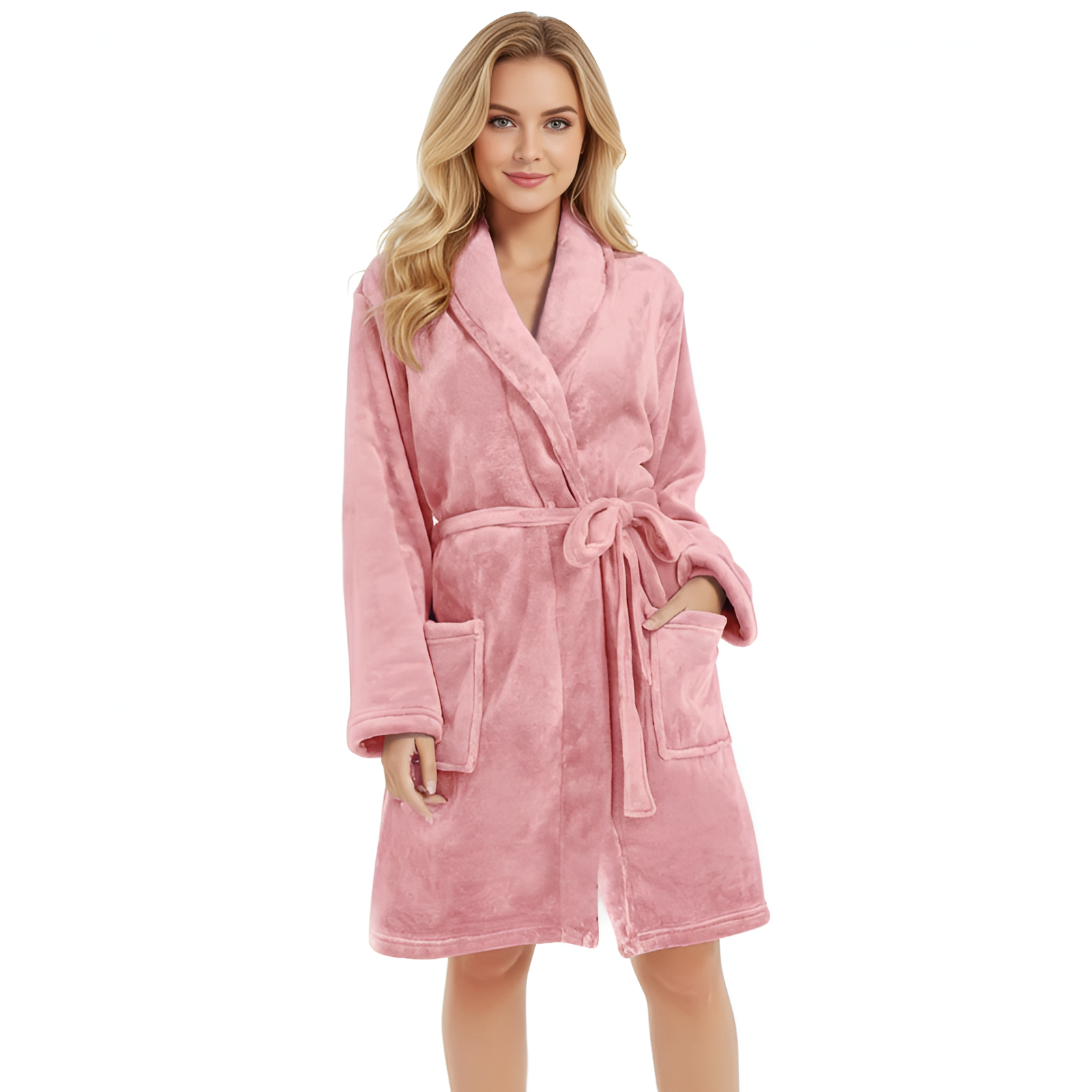 Soft Fleece Shawl Collar Warm Spa Bathrobe With Pockets For Women
