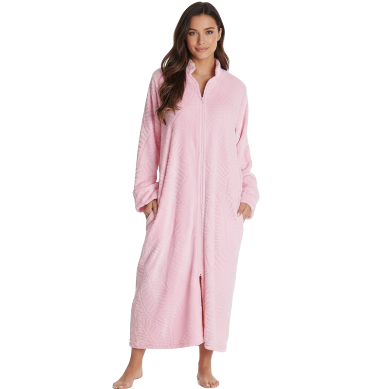 Plush Front Zipper Robe For Women