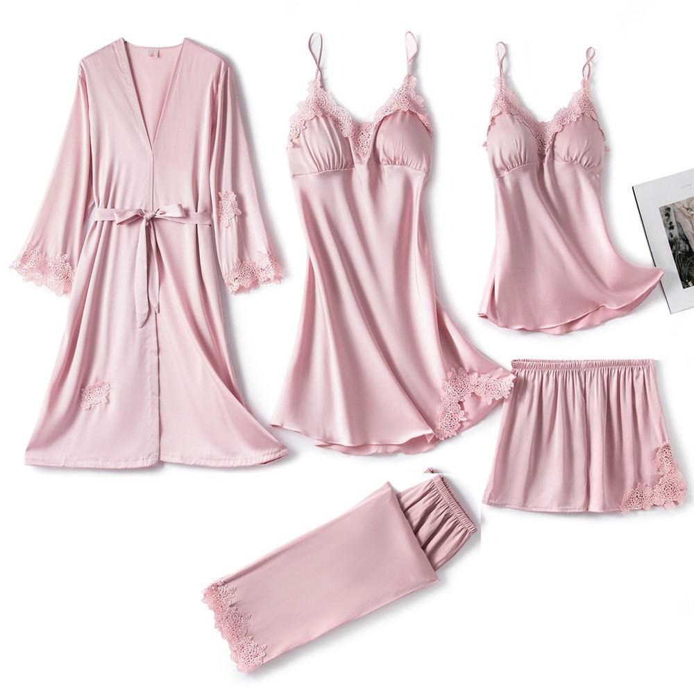 Women's 5 Piece Satin Pajamas Set