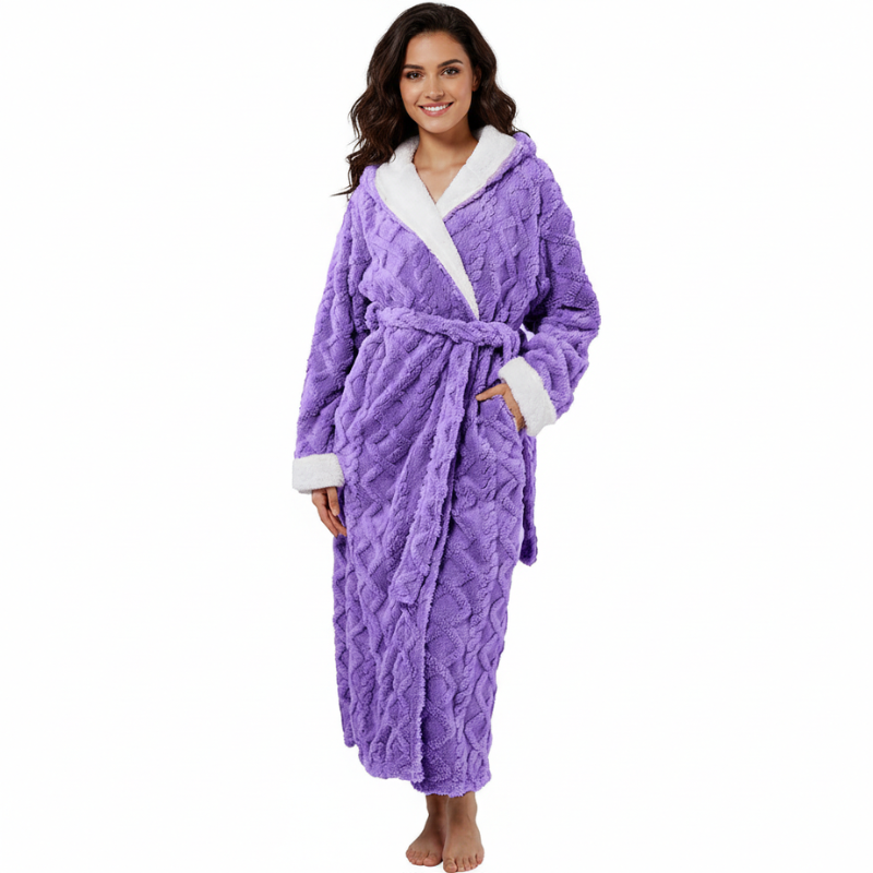 Long Hooded Fleece Bathrobe For Women