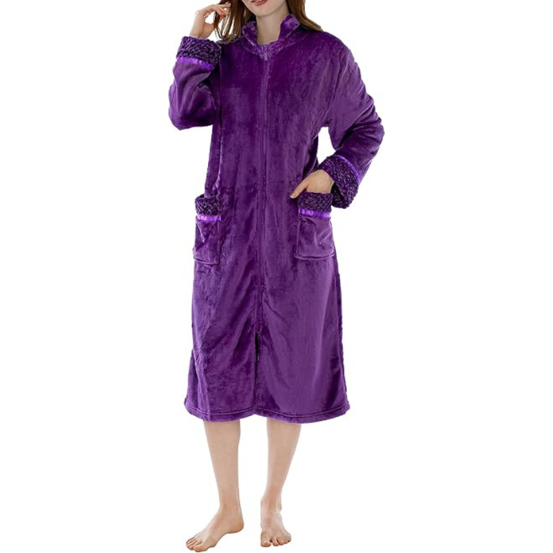 Cozy Zip Up Front Bathrobe With Soft Fleece For Women