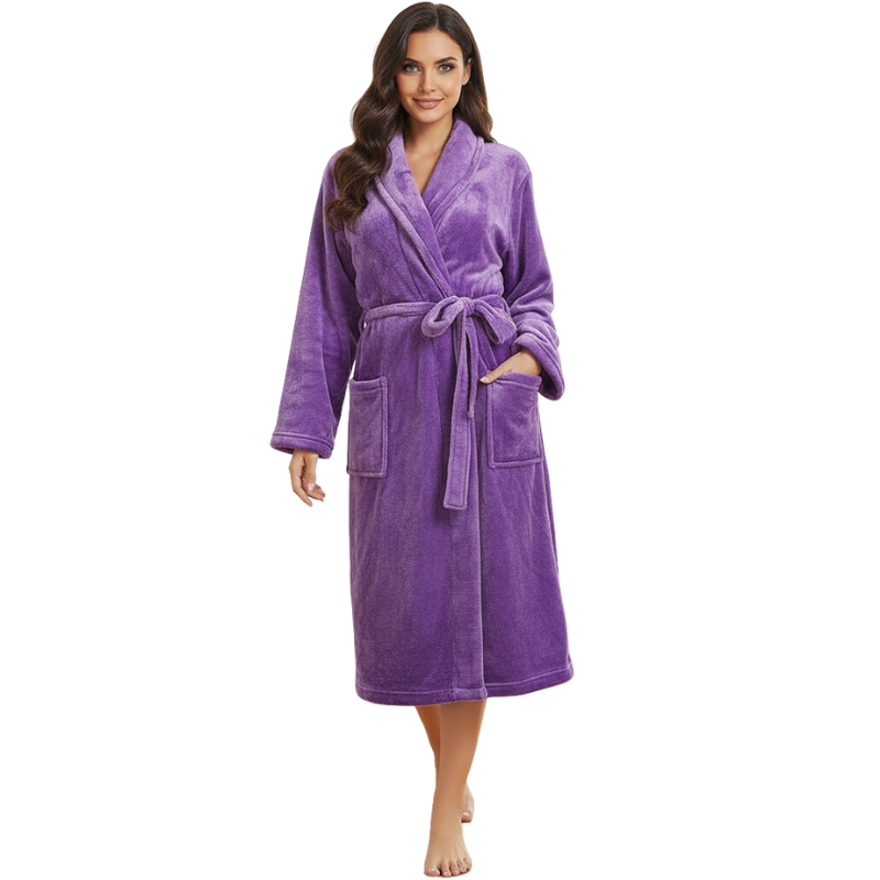 Warm Plush Fleece Kimono Style Long Bathrobe