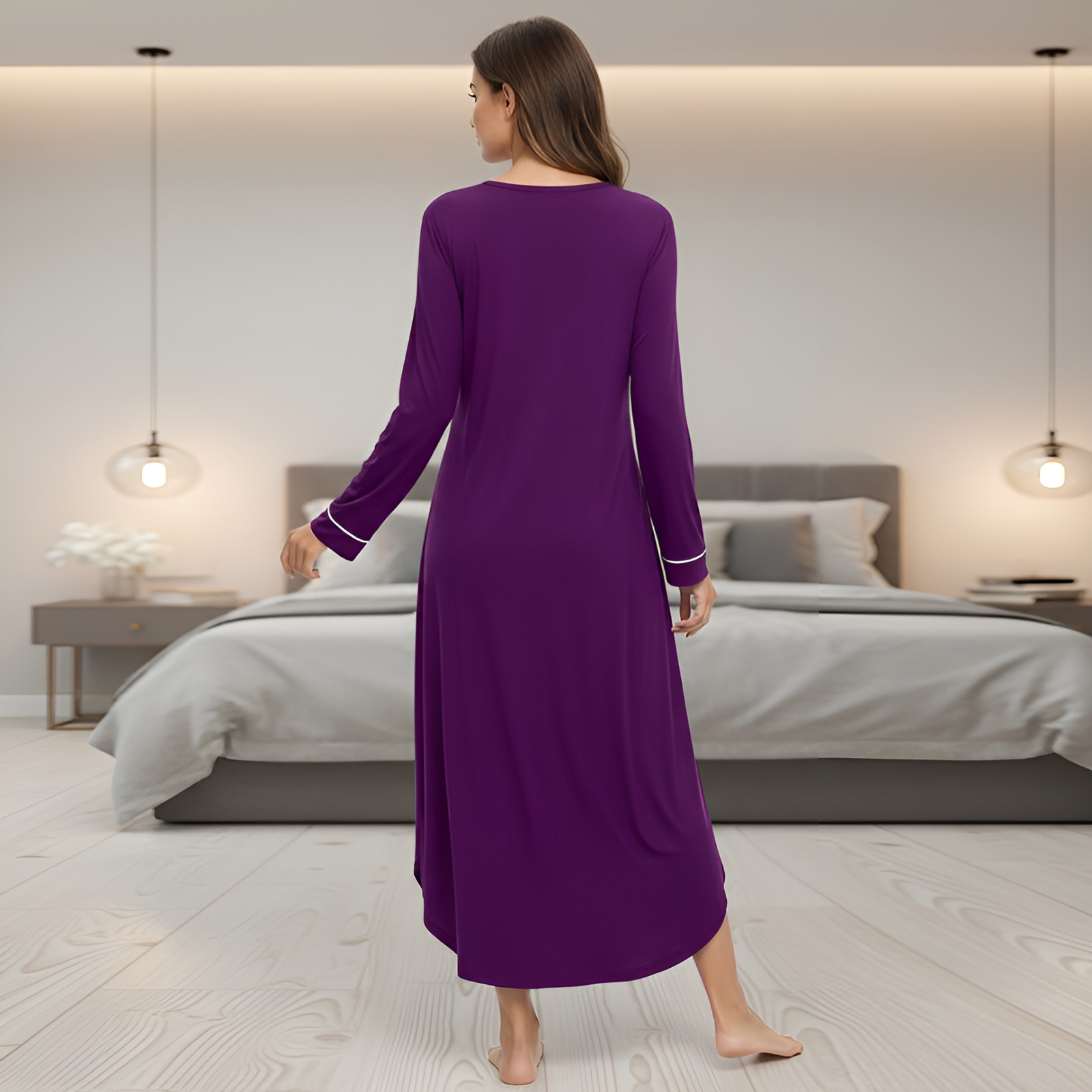 Classic Nightgown With Long Sleeve Button Down Design For Women