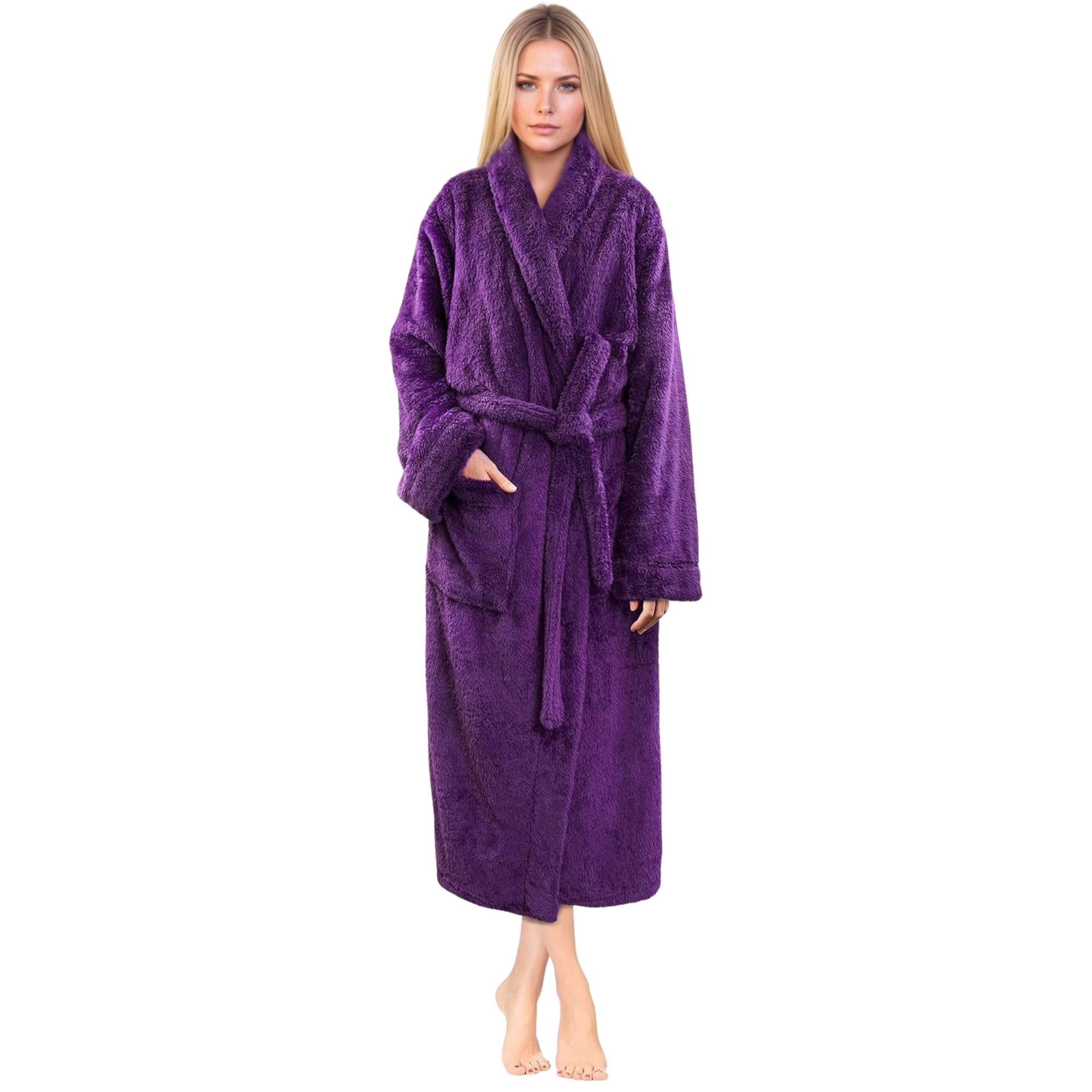 Plush Fleece Sherpa Style Long Bath Robe With Side Pockets For Women