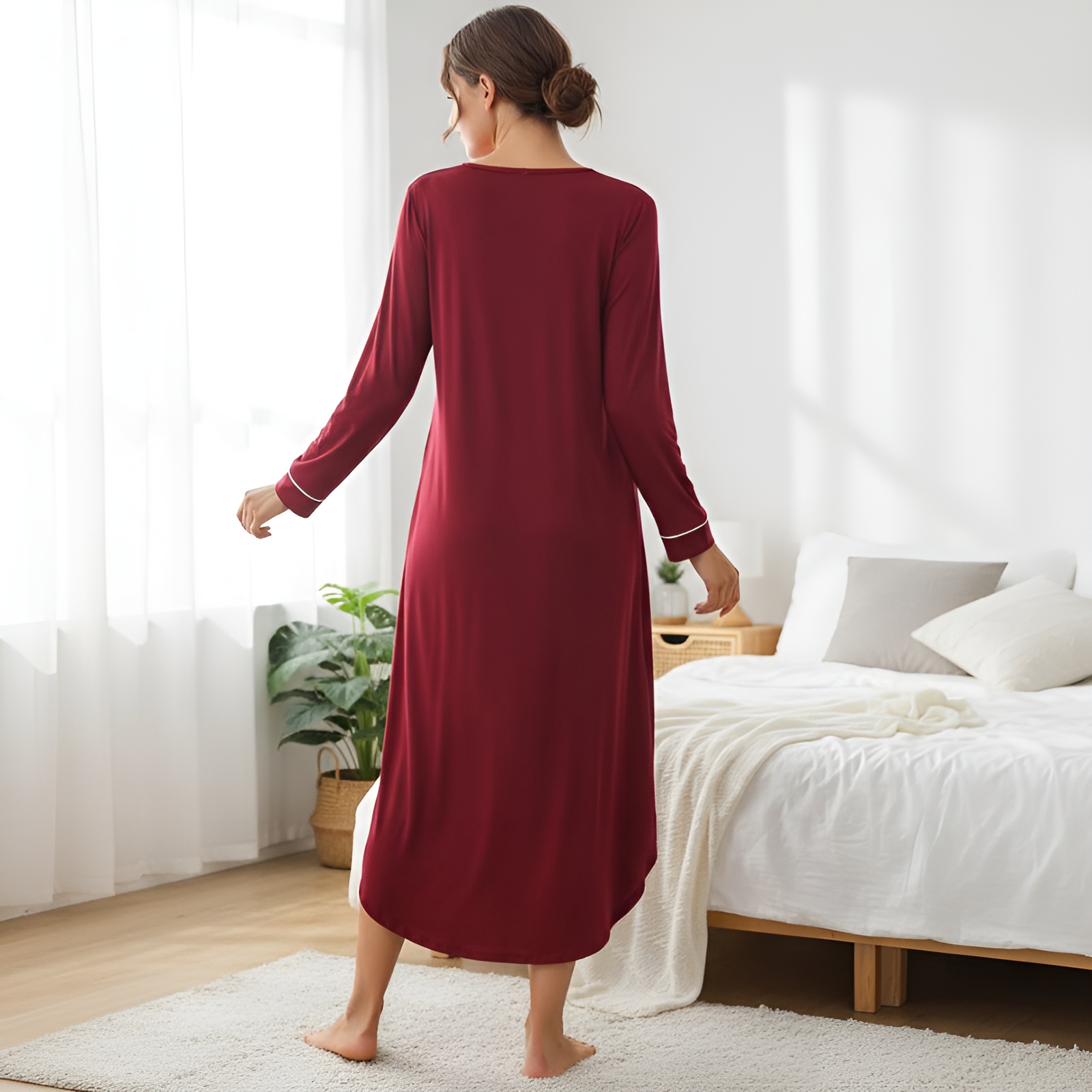 Classic Nightgown With Long Sleeve Button Down Design For Women