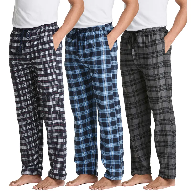 Real Essentials 3 Pack Pajama Pants And Knit Cotton Flannel Plaid Lounge Bottoms