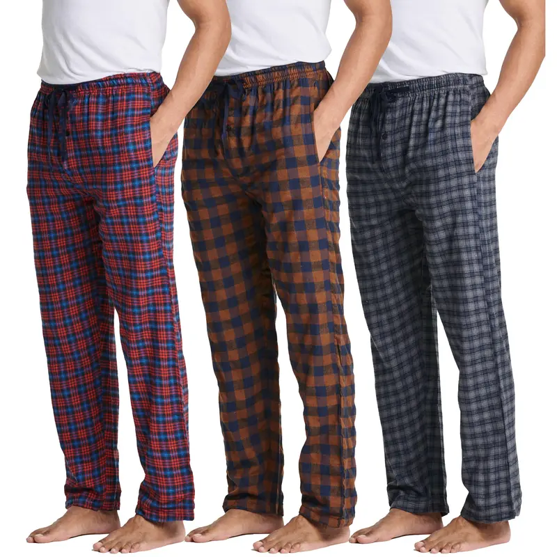 Real Essentials 3 Pack Pajama Pants And Knit Cotton Flannel Plaid Lounge Bottoms